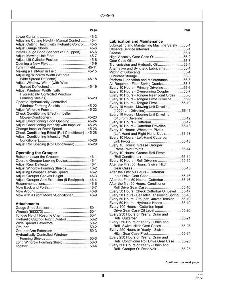 May include: A detailed table of contents and maintenance schedule from a manual, with headings like "Lubrication and Maintenance" and "Operating the Grouper." The pages are filled with text, providing instructions and specifications for machinery.