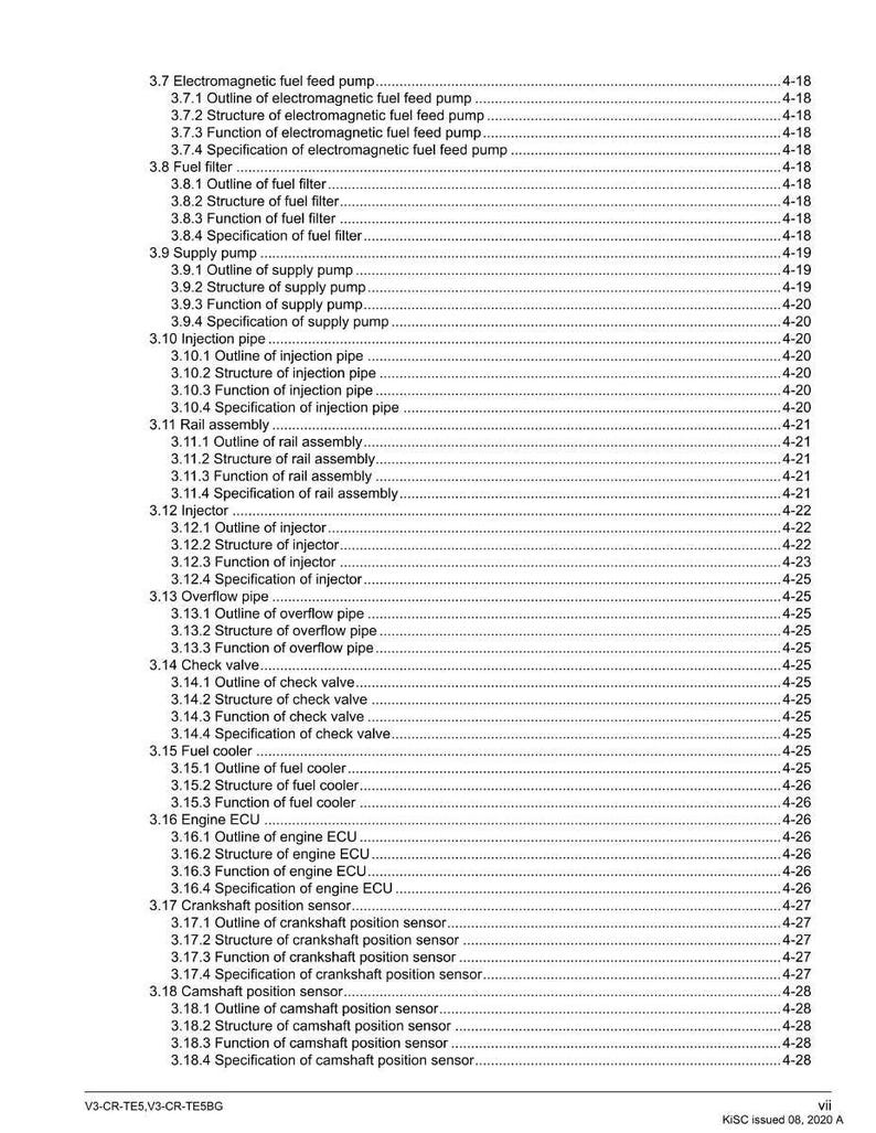 May include: A detailed technical document with a table of contents listing various automotive components, including fuel pumps, filters, and sensors. The document is organized with numbered sections and sub-sections.