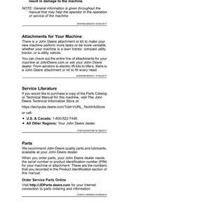 May include: A page from a John Deere machine manual with the title "Introduction." The text provides important safety information, details on attachments, service literature, and parts. Contact information is also included.