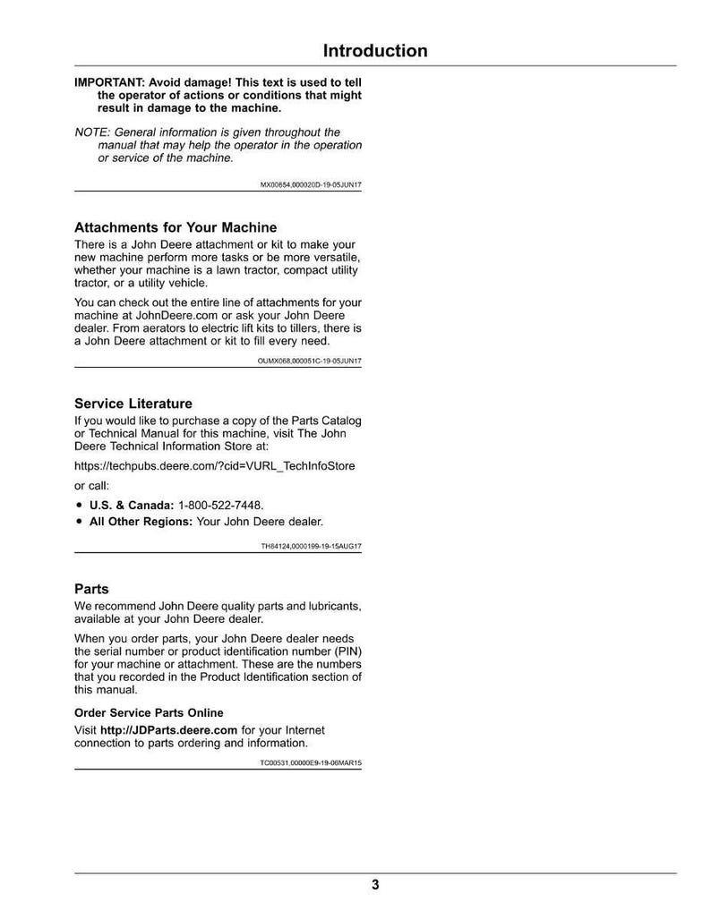 May include: A page from a John Deere machine manual with the title "Introduction." The text provides important safety information, details on attachments, service literature, and parts. Contact information is also included.