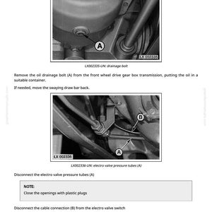 May include: Diagram illustrating the removal of a drive gear. The image shows close-ups of mechanical components, including a drainage bolt and electro valve pressure tubes, with labels and instructions. Text includes "Removing the Drive Gear" and "LX002335-UN: drainage bolt."