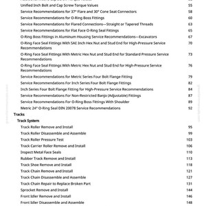 May include: A detailed table of contents from a manual, listing topics such as torque values, service recommendations for fittings, and track systems. The text is in black on a white background, with page numbers on the right.