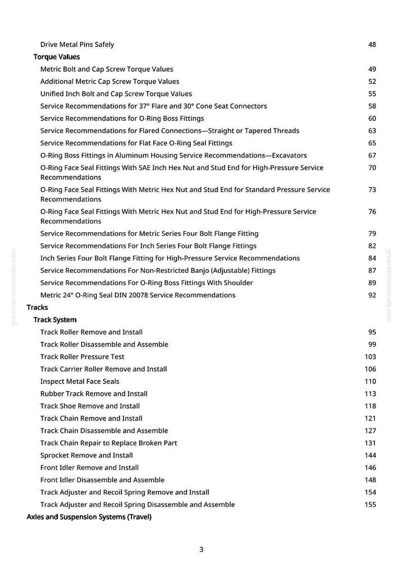May include: A detailed table of contents from a manual, listing topics such as torque values, service recommendations for fittings, and track systems. The text is in black on a white background, with page numbers on the right.