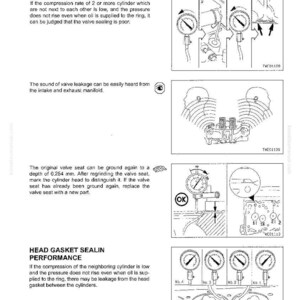 May include: Diagrams from a manual detailing engine valve and head gasket sealing performance. Illustrations include pressure gauges, engine components, and text explaining troubleshooting steps for engine maintenance.