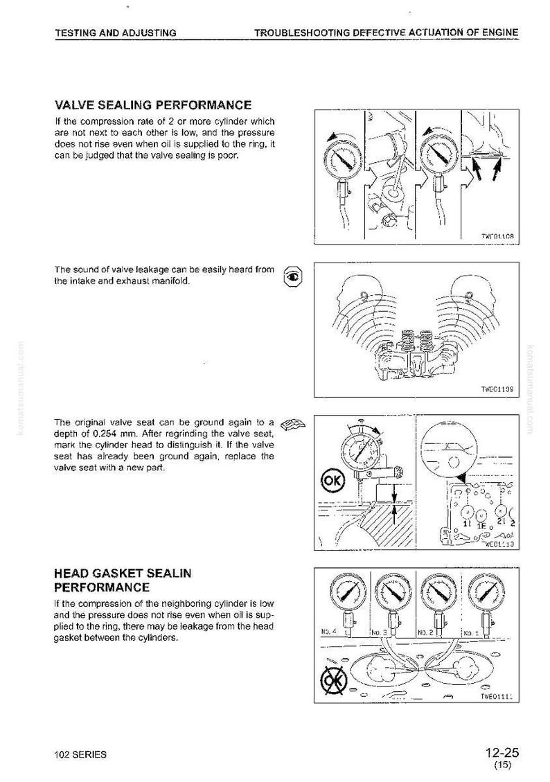 May include: Diagrams from a manual detailing engine valve and head gasket sealing performance. Illustrations include pressure gauges, engine components, and text explaining troubleshooting steps for engine maintenance.