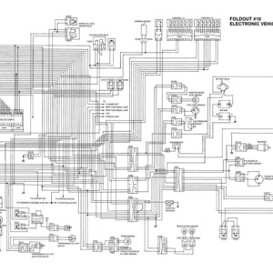 May include: A detailed black and white diagram of an electronic vehicle monitoring system. The diagram, labeled "Foldout #10," shows numerous interconnected components, wires, and labels. It includes elements like sensors, relays, and various control units, providing a comprehensive overview of the system.