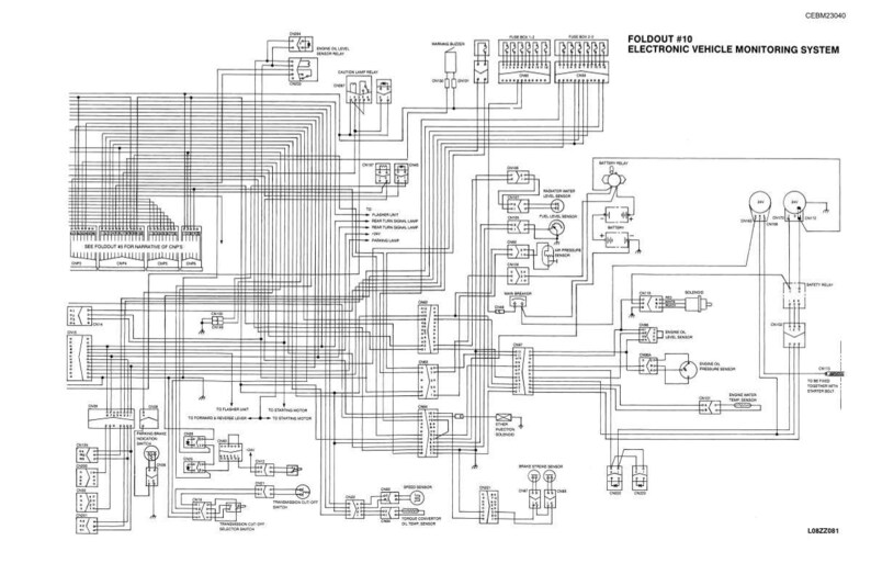 May include: A detailed black and white diagram of an electronic vehicle monitoring system. The diagram, labeled "Foldout #10," shows numerous interconnected components, wires, and labels. It includes elements like sensors, relays, and various control units, providing a comprehensive overview of the system.