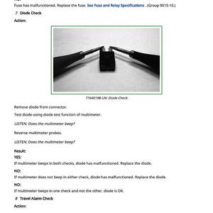 May include: Image of a diode check with a multimeter. The image shows a black diode between two multimeter probes. Text includes "T164619B-UN: Diode Check" and instructions for testing the diode.