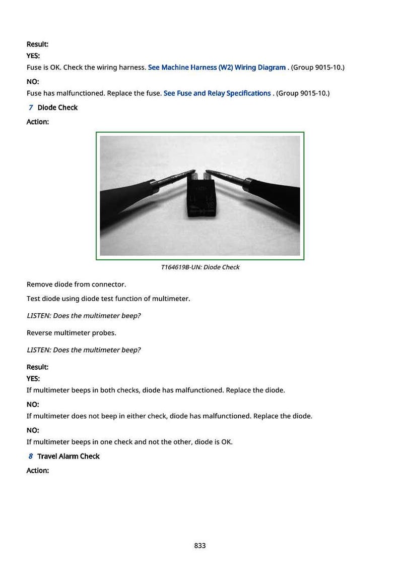 May include: Image of a diode check with a multimeter. The image shows a black diode between two multimeter probes. Text includes "T164619B-UN: Diode Check" and instructions for testing the diode.