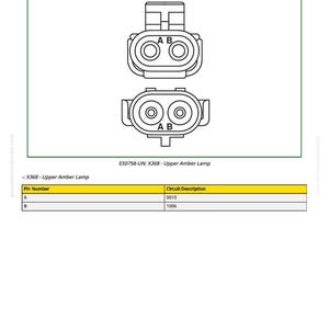 May include: Diagram of an upper amber light, labeled X368, with two circular connectors. The diagram includes a table with pin numbers A and B, and their corresponding circuit descriptions, 0010 and 1006. The text "E50758-UN: X368 - Upper Amber Lamp" is also present.