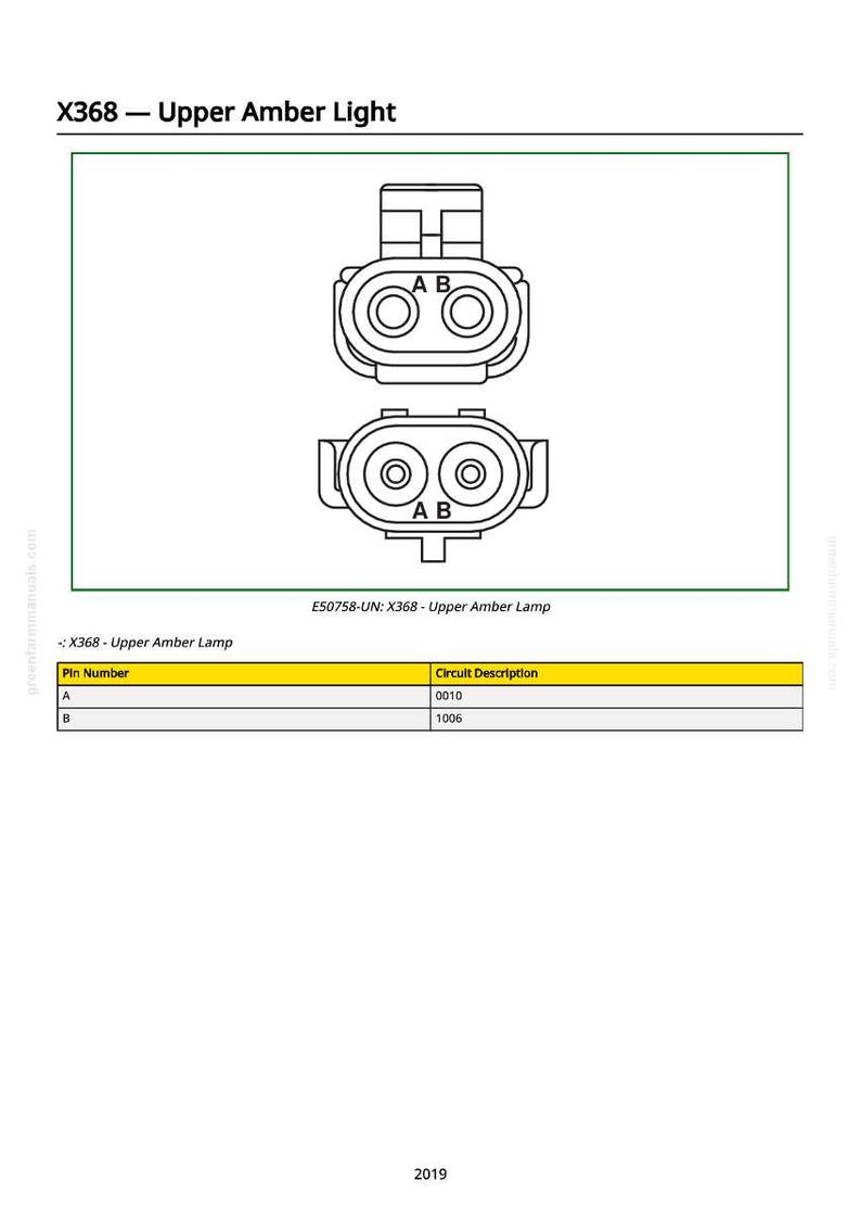 May include: Diagram of an upper amber light, labeled X368, with two circular connectors. The diagram includes a table with pin numbers A and B, and their corresponding circuit descriptions, 0010 and 1006. The text "E50758-UN: X368 - Upper Amber Lamp" is also present.