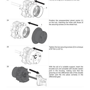 K&ouml;nnte beinhalten: Diagramm eines Comer Industries Servicehandbuchs f&uuml;r Lenkachsen. Das Bild zeigt detaillierte Schritte zur Montage mechanischer Komponenten, einschlie&szlig;lich O-Ringen, Planetentr&auml;gern und Befestigungsschrauben. Textanweisungen begleiten jeden Schritt.