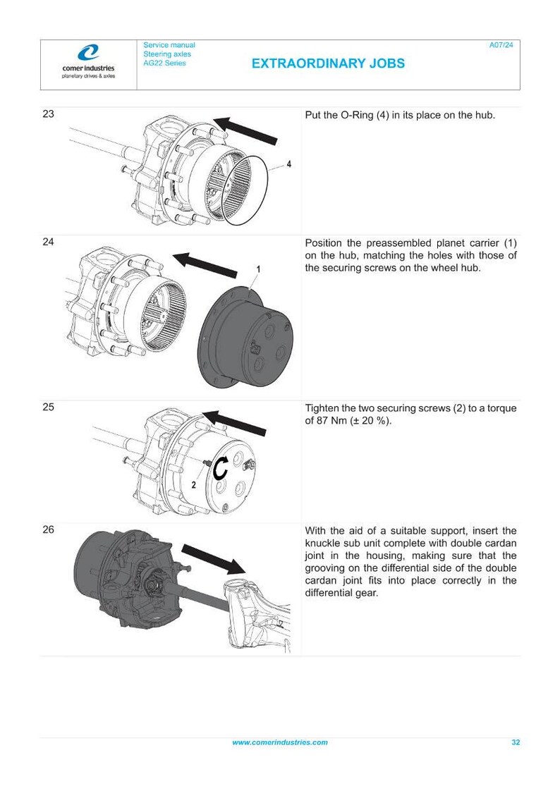 K&ouml;nnte beinhalten: Diagramm eines Comer Industries Servicehandbuchs f&uuml;r Lenkachsen. Das Bild zeigt detaillierte Schritte zur Montage mechanischer Komponenten, einschlie&szlig;lich O-Ringen, Planetentr&auml;gern und Befestigungsschrauben. Textanweisungen begleiten jeden Schritt.