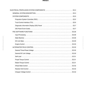 May include: A white page with the title "SECTION E2 ELECTRIC PROPULSION SYSTEM COMPONENTS INDEX". The page lists various components and functions, including "Propulsion System Controller (PSC)" and "Diagnostic Information Display (DID) Panel".
