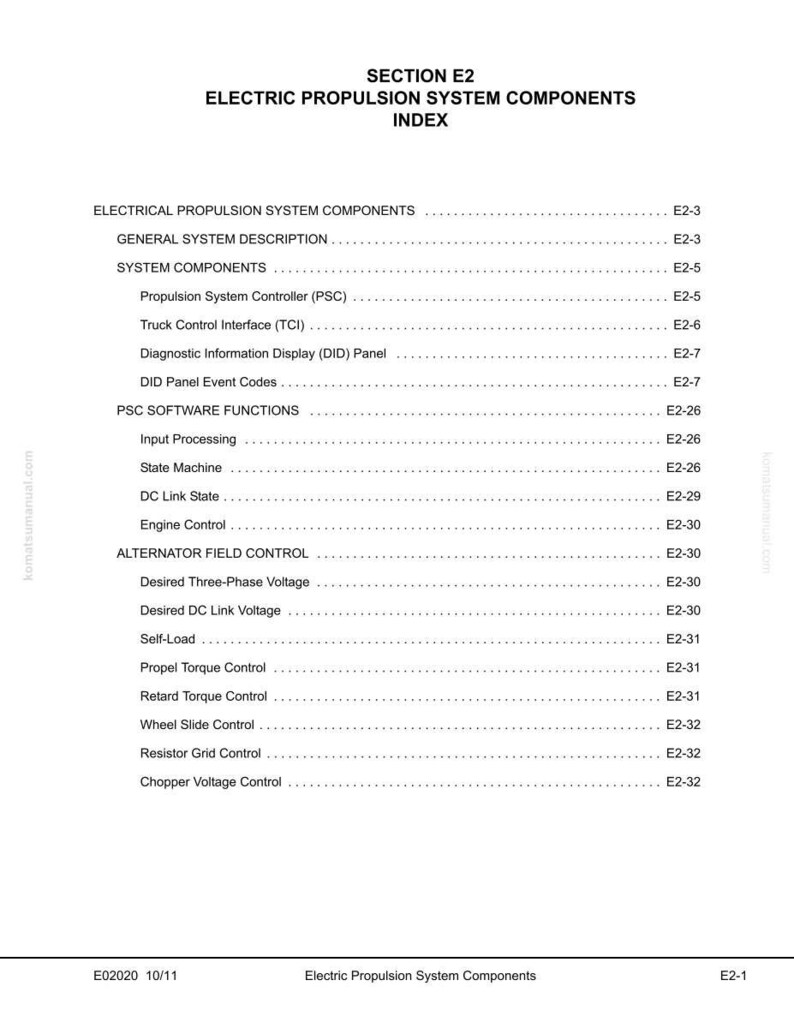 May include: A white page with the title "SECTION E2 ELECTRIC PROPULSION SYSTEM COMPONENTS INDEX". The page lists various components and functions, including "Propulsion System Controller (PSC)" and "Diagnostic Information Display (DID) Panel".