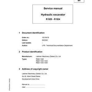 May include: A white service manual titled "Hydraulic excavator R 920 - R 924". The document includes sections on document and product identification, and copyright information. The Liebherr logo is at the bottom.