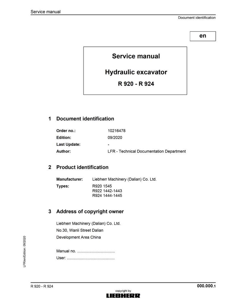 May include: A white service manual titled "Hydraulic excavator R 920 - R 924". The document includes sections on document and product identification, and copyright information. The Liebherr logo is at the bottom.
