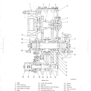 May include: Detailed technical diagram of a travel system, labeled with numbers and names of components. The black and white illustration includes gears, bearings, and shafts, with a section view labeled A-A. The diagram is from a PW150-1 manual.