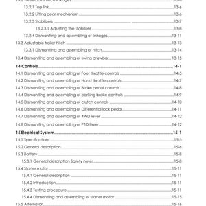 May include: A page from a manual with the title "Hydraulic Linkages and Drawbar" and a table of contents. The text includes sections on controls, electrical systems, and maintenance, with page numbers listed on the right.