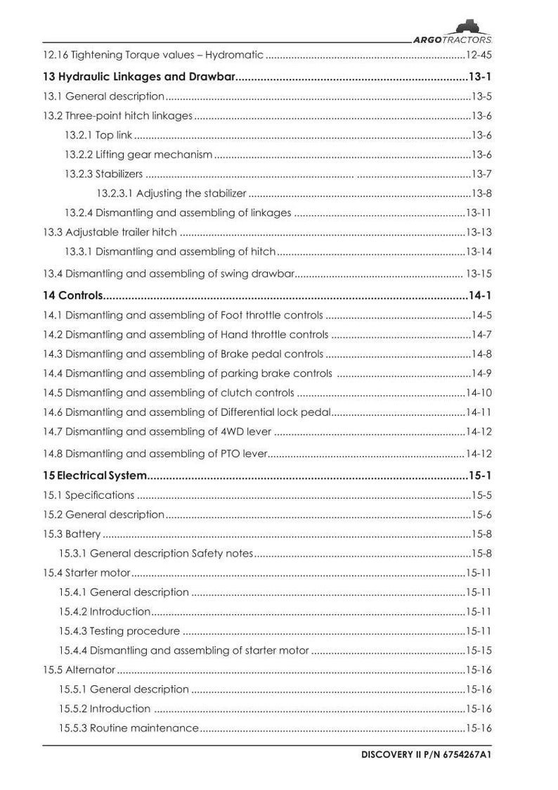 May include: A page from a manual with the title "Hydraulic Linkages and Drawbar" and a table of contents. The text includes sections on controls, electrical systems, and maintenance, with page numbers listed on the right.