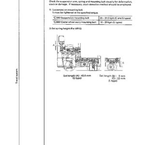 Puede incluir: Un diagrama t&eacute;cnico de un manual, que detalla las especificaciones del sistema de suspensi&oacute;n. El texto incluye procedimientos de inspecci&oacute;n para la deformaci&oacute;n y los pernos de montaje, con medidas en mil&iacute;metros. El diagrama muestra una ilustraci&oacute;n detallada de los componentes de la suspensi&oacute;n.