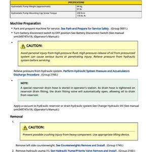May include: A detailed technical document titled "Hydrostatic Pump Remove and Install." It includes specifications for pump weight (97 lb) and torque (170 lb-ft). The document provides step-by-step instructions with safety warnings and procedures for machine preparation and removal.