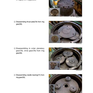 May include: Diagram of a reduction gear disassembly process. The image shows various stages of taking apart the gear, including removing the wrench bolt, ring gear cover, and O-ring. The image also shows the thrust plate, planetary gear, drive gear, and needle bearing.