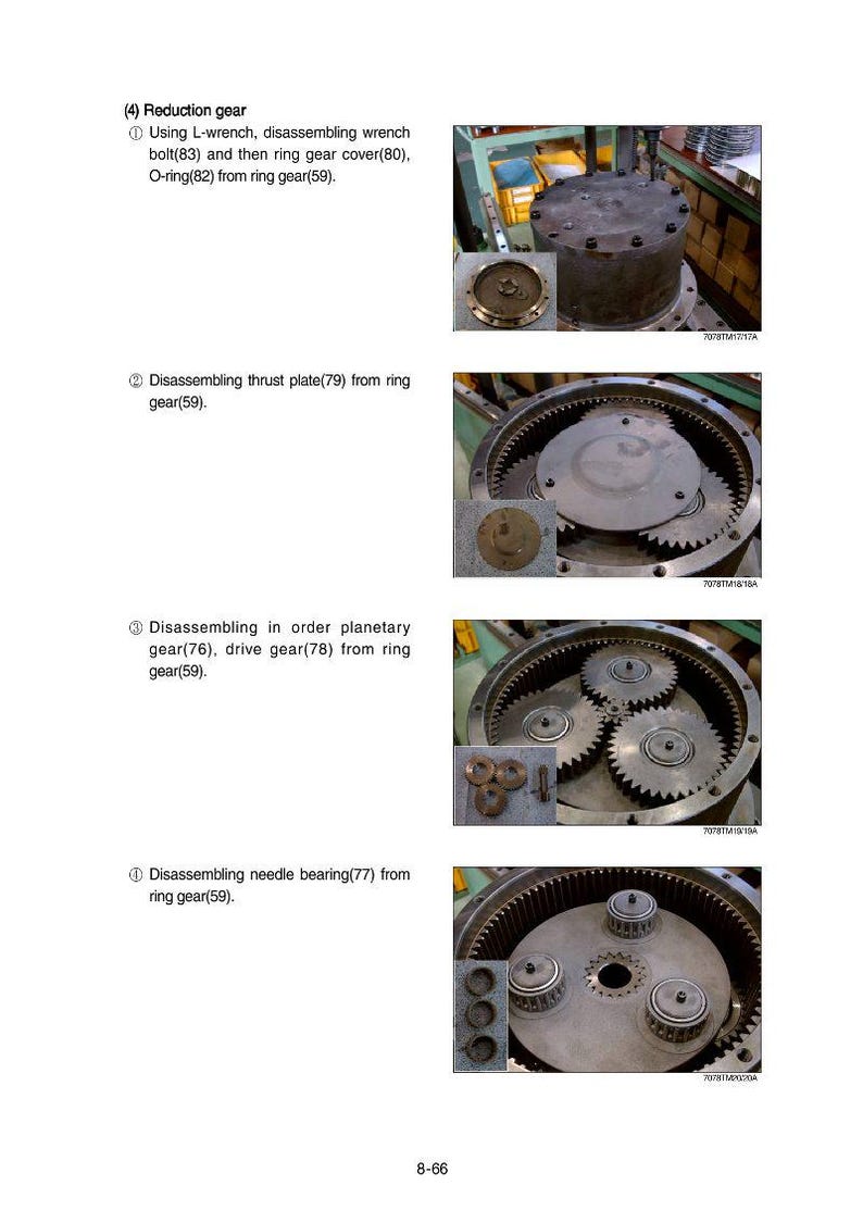 May include: Diagram of a reduction gear disassembly process. The image shows various stages of taking apart the gear, including removing the wrench bolt, ring gear cover, and O-ring. The image also shows the thrust plate, planetary gear, drive gear, and needle bearing.
