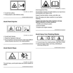 Op de afbeelding: Een pagina met veiligheidslabels zonder tekst, met waarschuwingssymbolen en instructies. Onderwerpen zijn hete oppervlakken, branden door apparatuur, handletsels, draaiende messen en snelle stops. De labels zijn in zwart en wit.