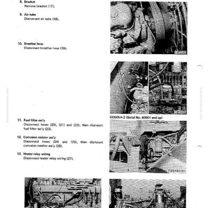 K&ouml;nnte beinhalten: Eine Seite aus einem Handbuch, die die Demontage und Montage eines Zylinderkopfs zeigt. Das Bild enth&auml;lt Diagramme und Textanweisungen f&uuml;r verschiedene Komponenten, wie z. B. Halterungen, Luftschl&auml;uche und Kraftstofffilter. Der Text enth&auml;lt die Modellnummer GD505A-2.