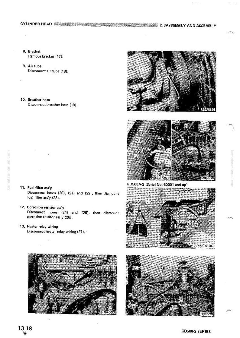 K&ouml;nnte beinhalten: Eine Seite aus einem Handbuch, die die Demontage und Montage eines Zylinderkopfs zeigt. Das Bild enth&auml;lt Diagramme und Textanweisungen f&uuml;r verschiedene Komponenten, wie z. B. Halterungen, Luftschl&auml;uche und Kraftstofffilter. Der Text enth&auml;lt die Modellnummer GD505A-2.