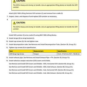 May include: A page from a manual with instructions for automotive repair. The text includes steps for removing and installing parts, with a caution notice about handling heavy components. A table lists torque specifications in lb-in.