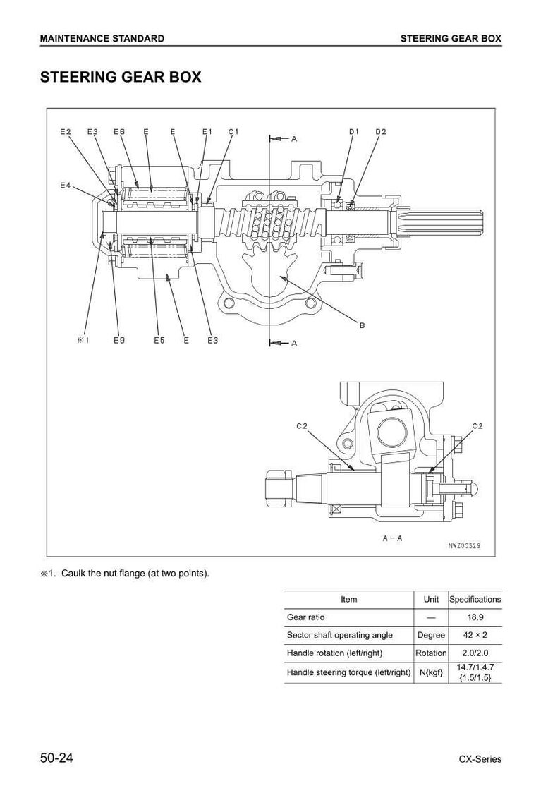 May include: Diagram of a steering gear box with labels and callouts. The image includes a detailed cross-section view and a table with specifications such as gear ratio and handle rotation. The text "STEERING GEAR BOX" is at the top.