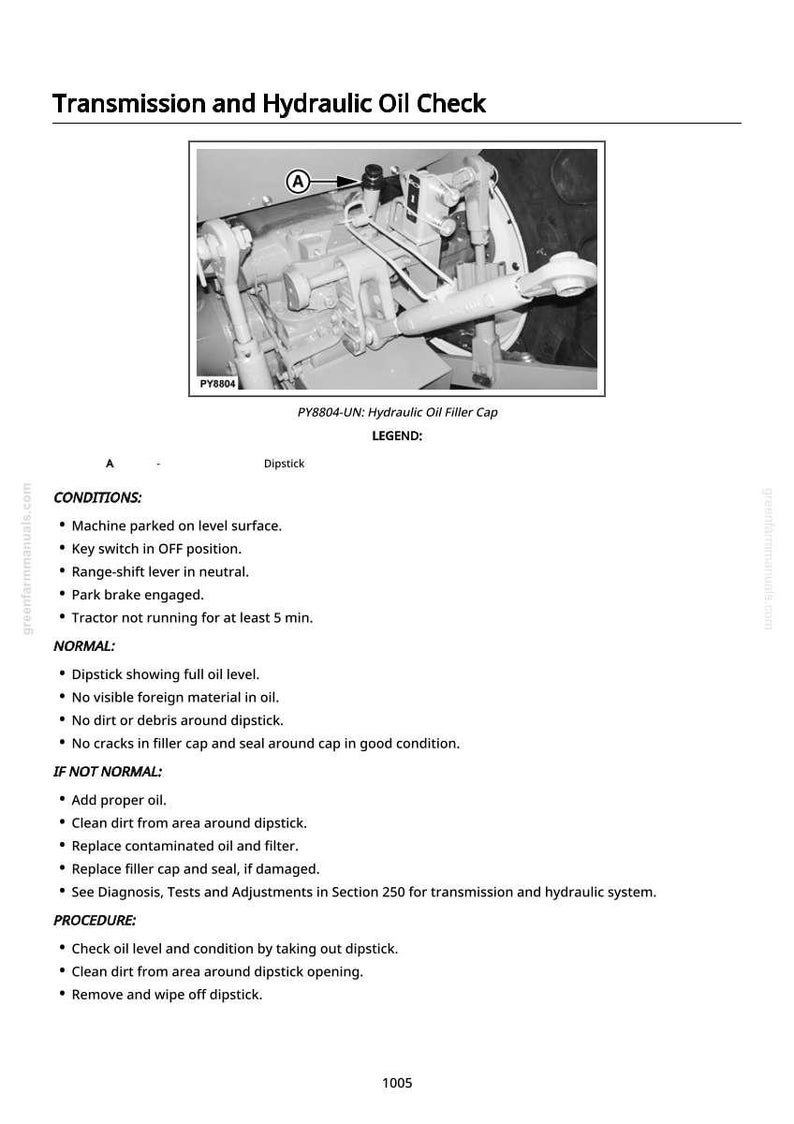 May include: Diagram showing a tractor's transmission and hydraulic oil check. The image details the hydraulic oil filler cap and dipstick, with instructions for checking oil levels and conditions.