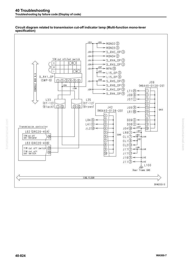 May include: Diagram of a transmission cut-off indicator lamp circuit, with labels and connectors. The diagram includes text such as "Troubleshooting" and "Transmission controller". The image is a technical illustration.