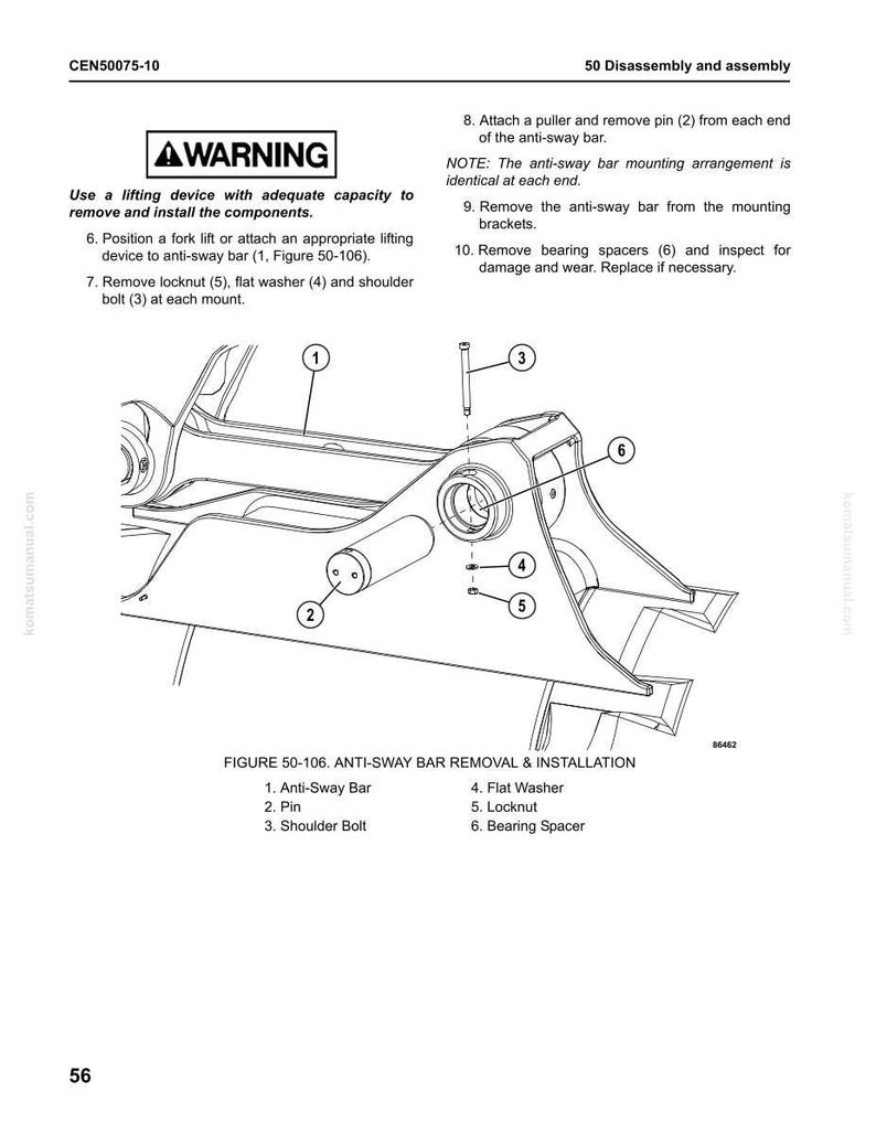 Op de afbeelding: Diagram van het verwijderen en installeren van de stabilisatorstang, met genummerde componenten: stabilisatorstang, pen, schouderbout, platte ring, borgmoer en lagerafstandhouder. Inclusief een waarschuwing en instructies.