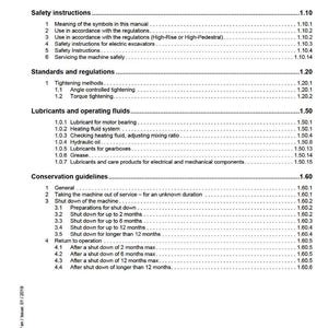 Op de afbeelding: Een servicehandleiding getiteld "Groep 1: Algemene informatie" met secties over veiligheidsinstructies, normen, smeermiddelen en conserveringsrichtlijnen. De handleiding bevat gedetailleerde subsecties en is uitgegeven door Liebherr.