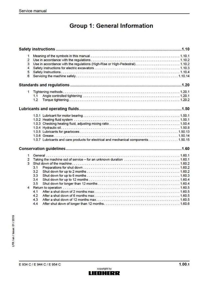 Op de afbeelding: Een servicehandleiding getiteld "Groep 1: Algemene informatie" met secties over veiligheidsinstructies, normen, smeermiddelen en conserveringsrichtlijnen. De handleiding bevat gedetailleerde subsecties en is uitgegeven door Liebherr.
