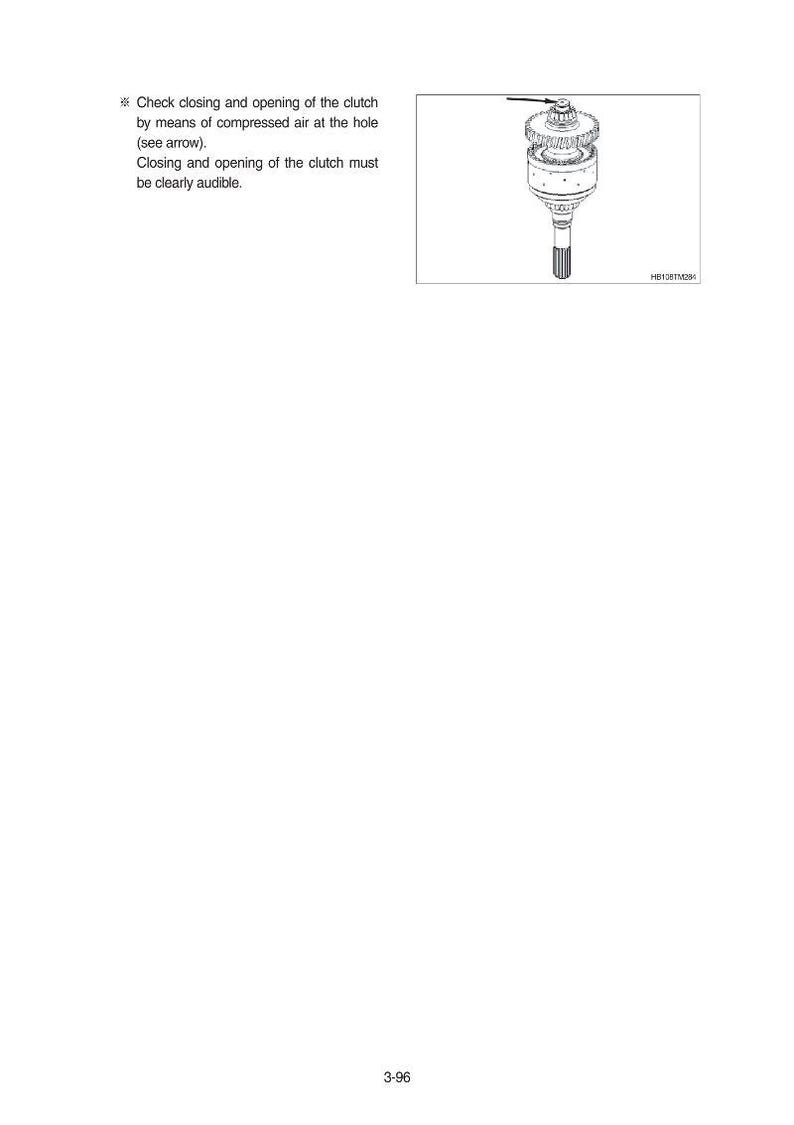 May include: Diagram of a mechanical clutch assembly, featuring a gear-like top and a cylindrical shaft. The image includes text instructions on checking the clutch's closing and opening using compressed air.