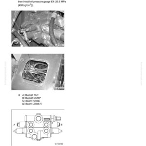 May include: Technical diagram with instructions for testing and adjusting work equipment PPC oil pressure. Includes images of components, labeled with letters and numbers, and text instructions. The diagram also includes a hydraulic valve schematic.