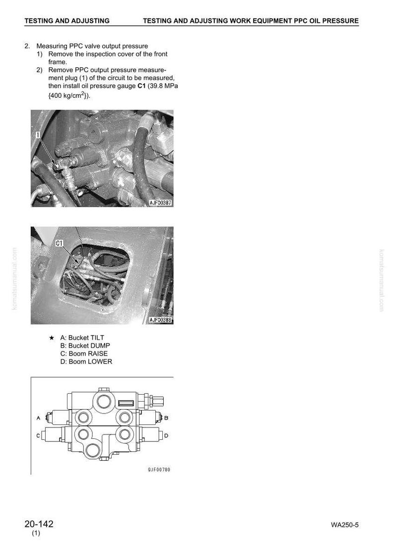 May include: Technical diagram with instructions for testing and adjusting work equipment PPC oil pressure. Includes images of components, labeled with letters and numbers, and text instructions. The diagram also includes a hydraulic valve schematic.