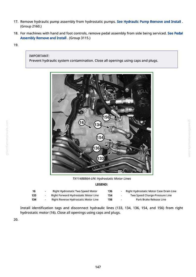 May include: Diagram of a hydrostatic motor assembly with labeled components. Includes text: "TX1148886A-UN: Hydrostatic Motor Lines" and a legend identifying parts like "Right Hydrostatic Two Speed Motor".