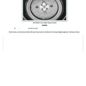 May include: Diagram of a mechanical component with the text "MXT002021-UN: Height Adjuster Bolts." The image shows a circular part with bolts labeled "D" and the text "Hex Bolt (4 used)." Instructions are included.