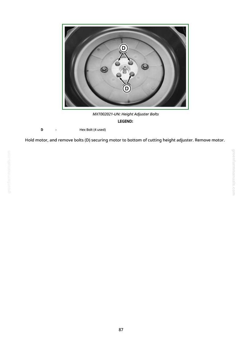 May include: Diagram of a mechanical component with the text "MXT002021-UN: Height Adjuster Bolts." The image shows a circular part with bolts labeled "D" and the text "Hex Bolt (4 used)." Instructions are included.