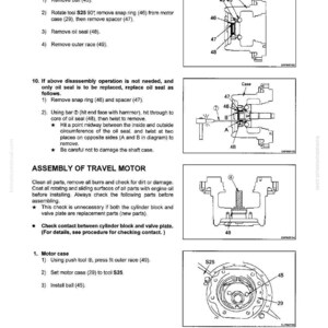 Puede incluir: Diagrama t&eacute;cnico que muestra las instrucciones de desmontaje y montaje de un motor de desplazamiento. Detalla los procedimientos para quitar y reemplazar componentes como la bola, el anillo de retenci&oacute;n, el ret&eacute;n de aceite y la pista exterior, con pasos numerados.