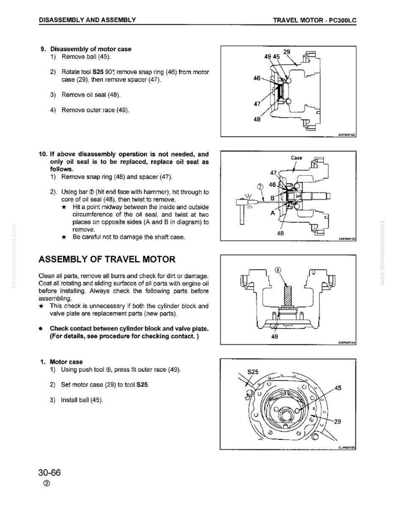 Puede incluir: Diagrama t&eacute;cnico que muestra las instrucciones de desmontaje y montaje de un motor de desplazamiento. Detalla los procedimientos para quitar y reemplazar componentes como la bola, el anillo de retenci&oacute;n, el ret&eacute;n de aceite y la pista exterior, con pasos numerados.