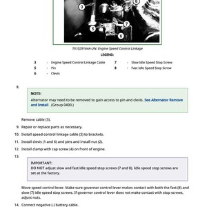 May include: Black and white diagram of an engine speed control linkage. The diagram includes labels for the engine speed control linkage cable, pin, clevis, and slow and fast idle speed stop screws. Text instructions are also included.