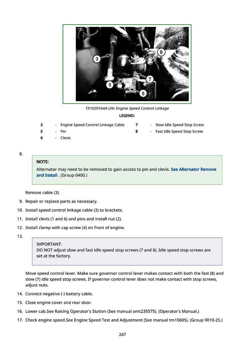 May include: Black and white diagram of an engine speed control linkage. The diagram includes labels for the engine speed control linkage cable, pin, clevis, and slow and fast idle speed stop screws. Text instructions are also included.