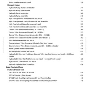 May include: A white page with a detailed table of contents from a manual. The table lists various procedures for hydraulic systems, including removal, installation, and disassembly of components, along with page numbers.
