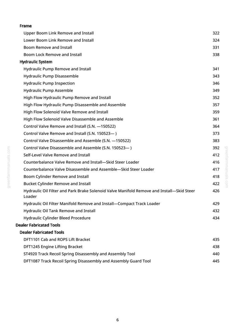 May include: A white page with a detailed table of contents from a manual. The table lists various procedures for hydraulic systems, including removal, installation, and disassembly of components, along with page numbers.